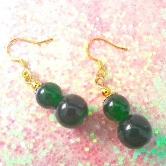 Deep Forest Green Double Bead Drop Earrings - Picture 2 of 5